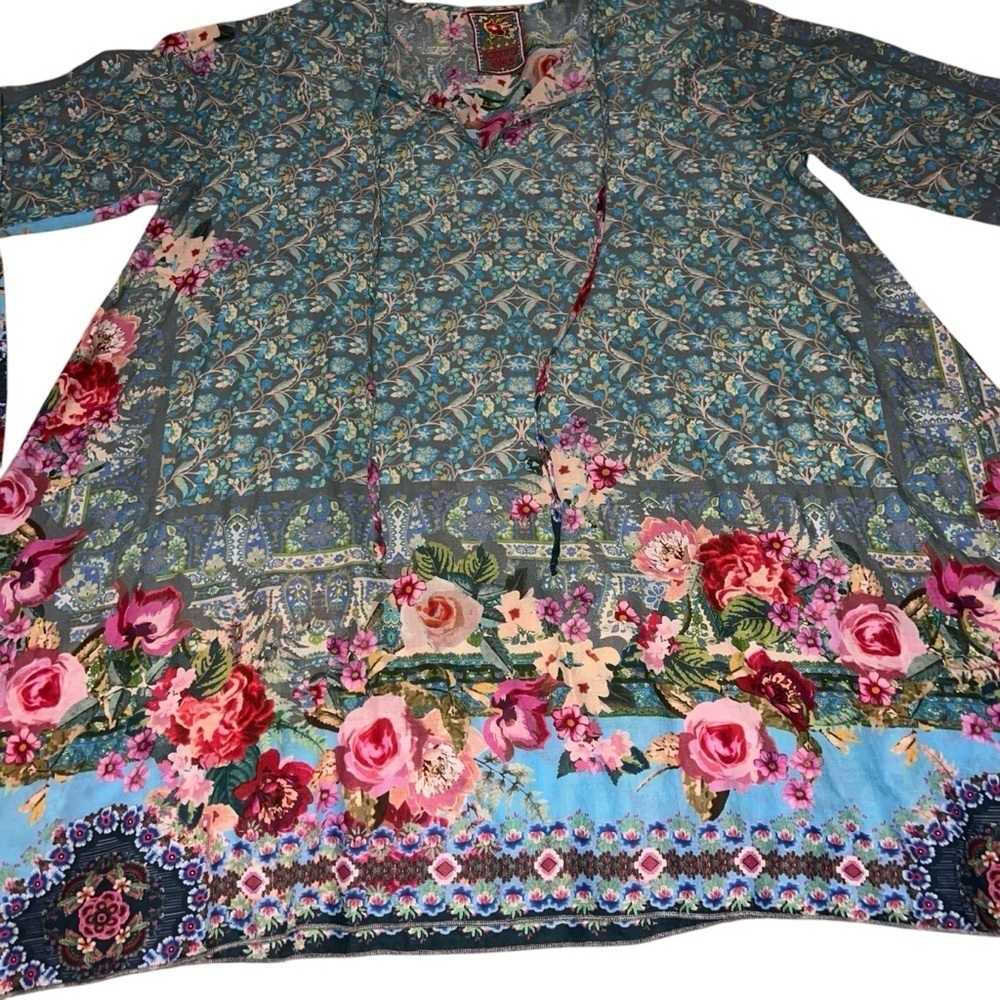 EUC Johnny Was Floral Patterned Tunic Top Tie Front Medium Cotton Sustainable - Picture 2 of 13
